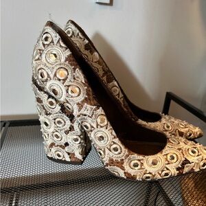 Tory Burch Brown and Cream Patterned Heels